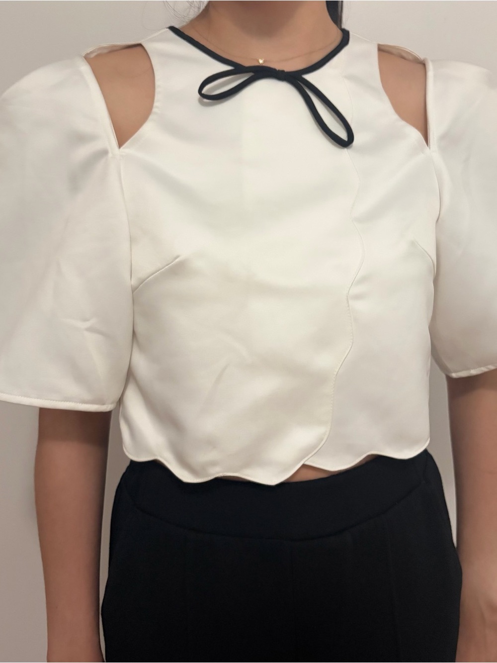 White Cutout Puff-Sleeve Crop Top with Black Trim